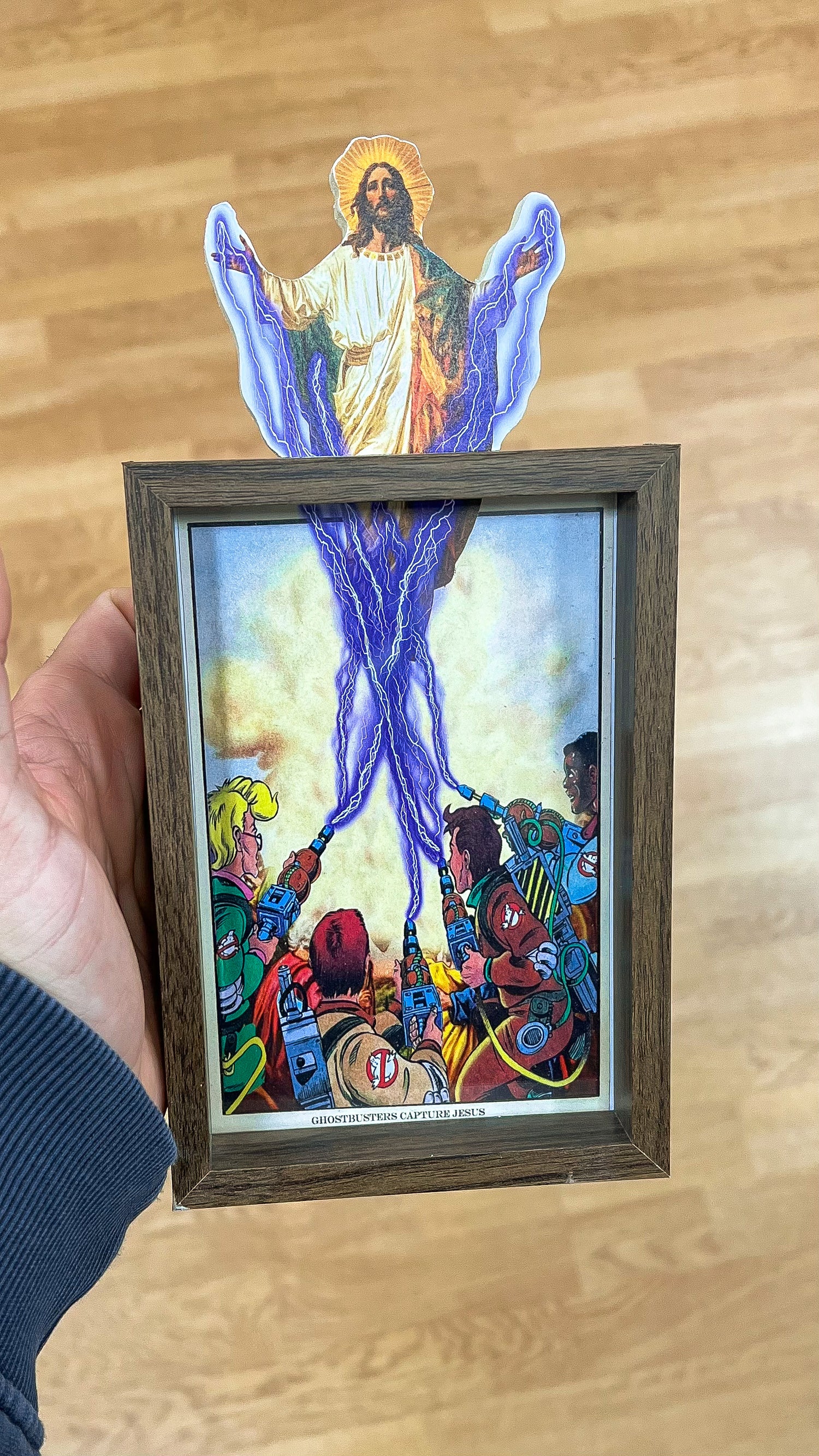 The Real Ghostbusters sucking Jesus with proton pack art framed